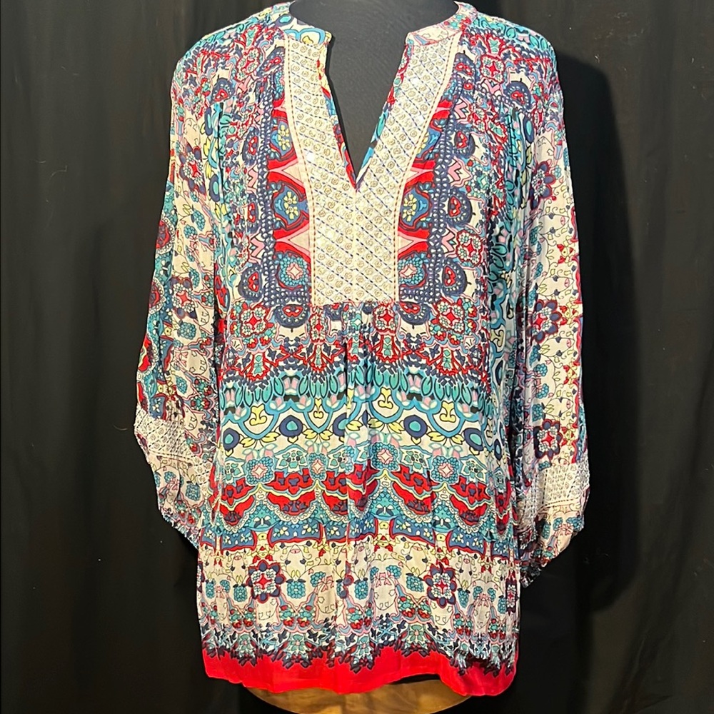 Bila Boho sheer rayon tunic w/silver flower-shape sequin yoke & sleeve details